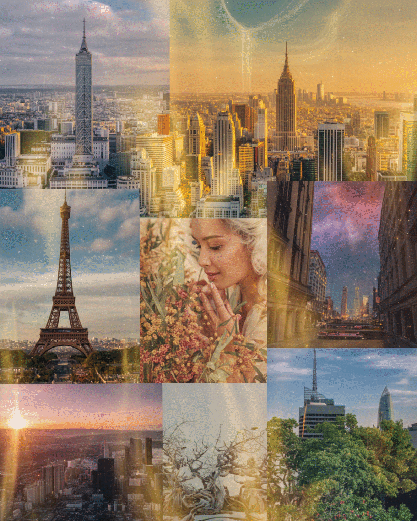 Artistic montage of famous creative cities Paris New York Bali