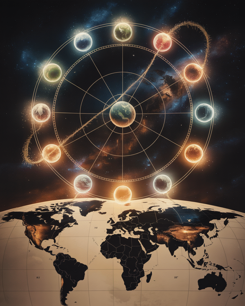 Beautiful birth chart overlaid on world map with glowing planetary lines extending across continents