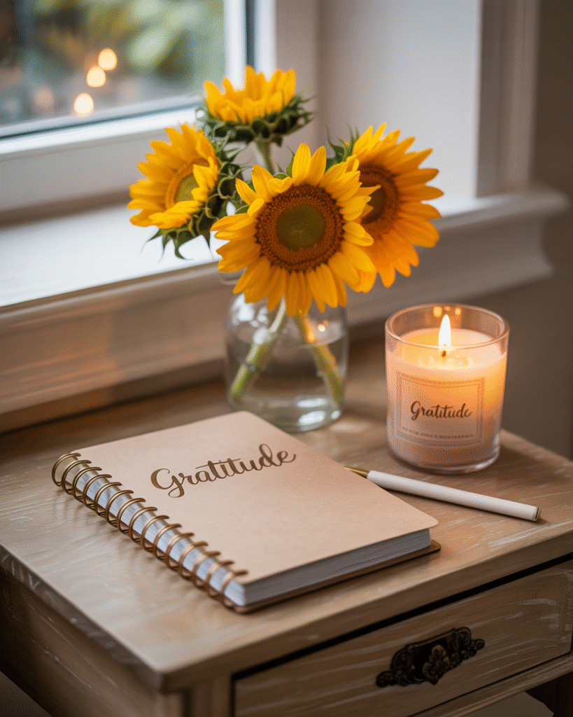 Beautiful gratitude practice setup but with energy blocks visualized around it