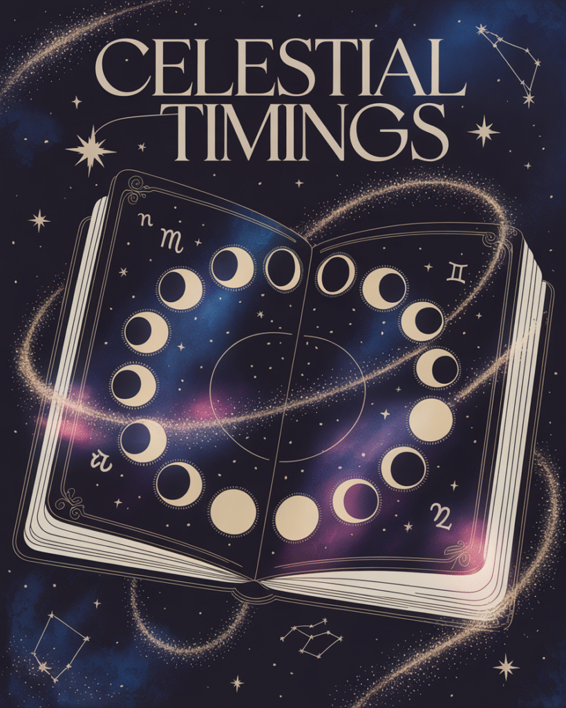 Calendar with moon phases and astrological symbols