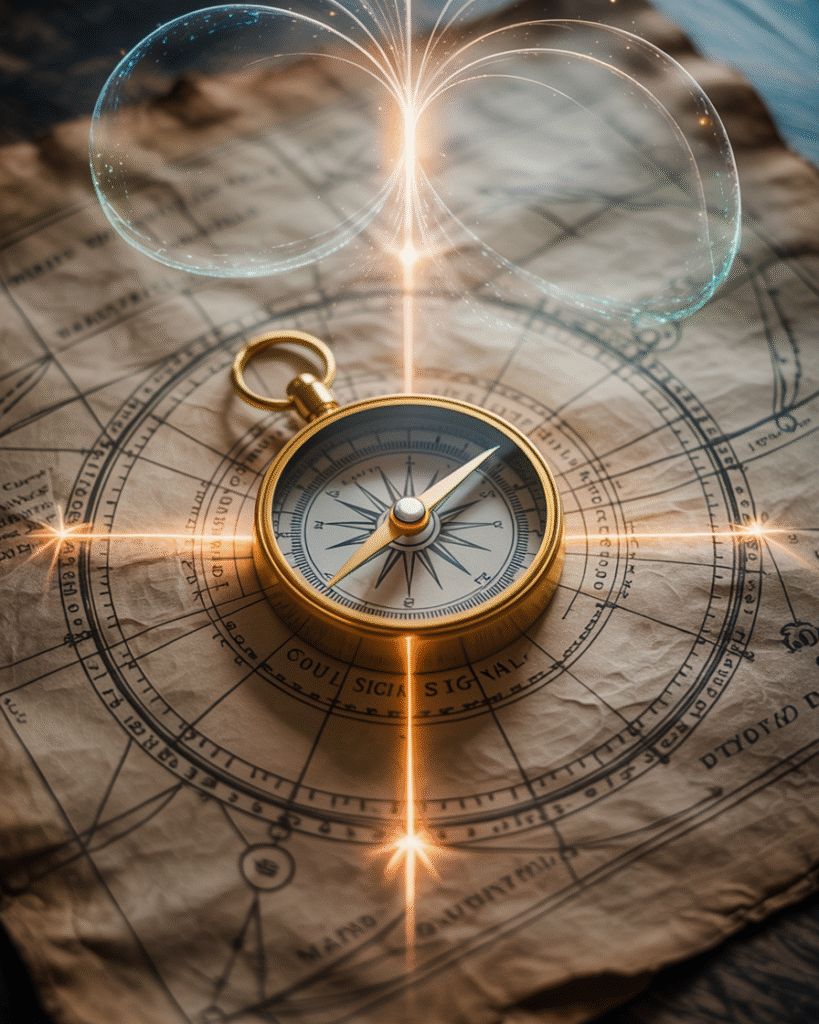Compass with mystical elements, crystals, and golden light, representing inner guidance