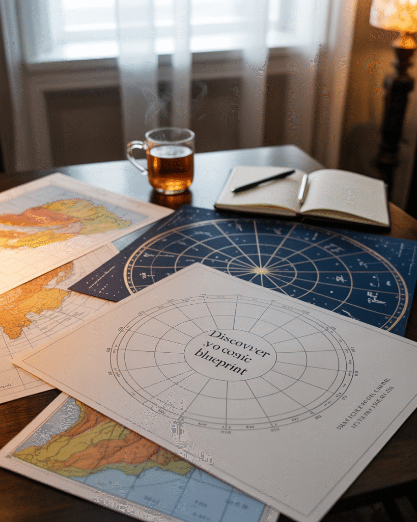 Consultation setup with maps, charts, and astrocartography imagery
