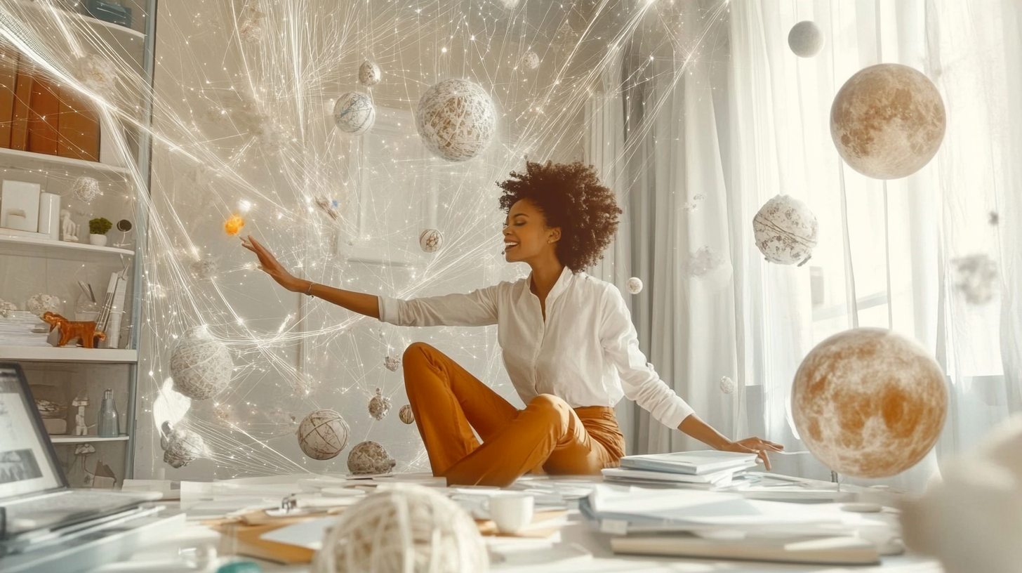 Creative workspace with person looking energized and in flow, cosmic elements around them