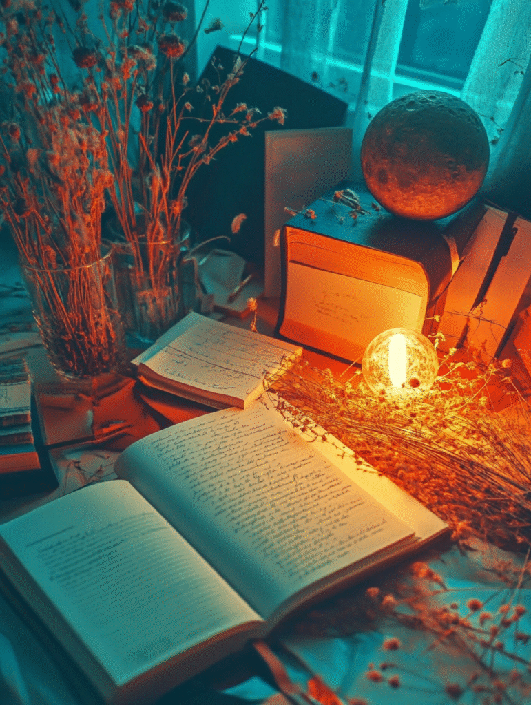 Dark moon with seeds, journals, and intention-setting