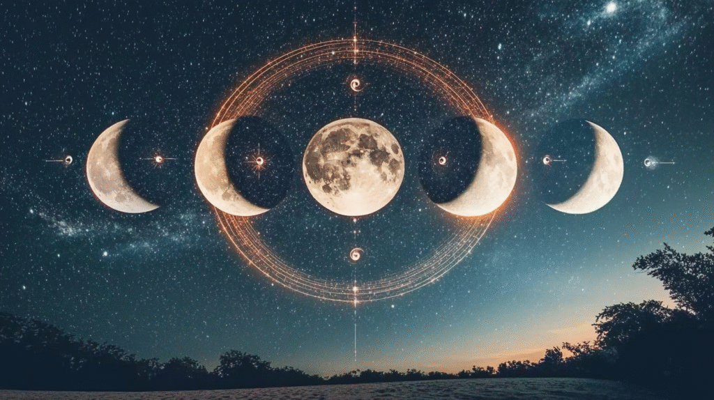 Four moon phases in cosmic sky with manifestation symbols below each