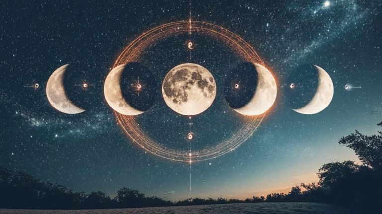 Four moon phases in cosmic sky with manifestation symbols below each