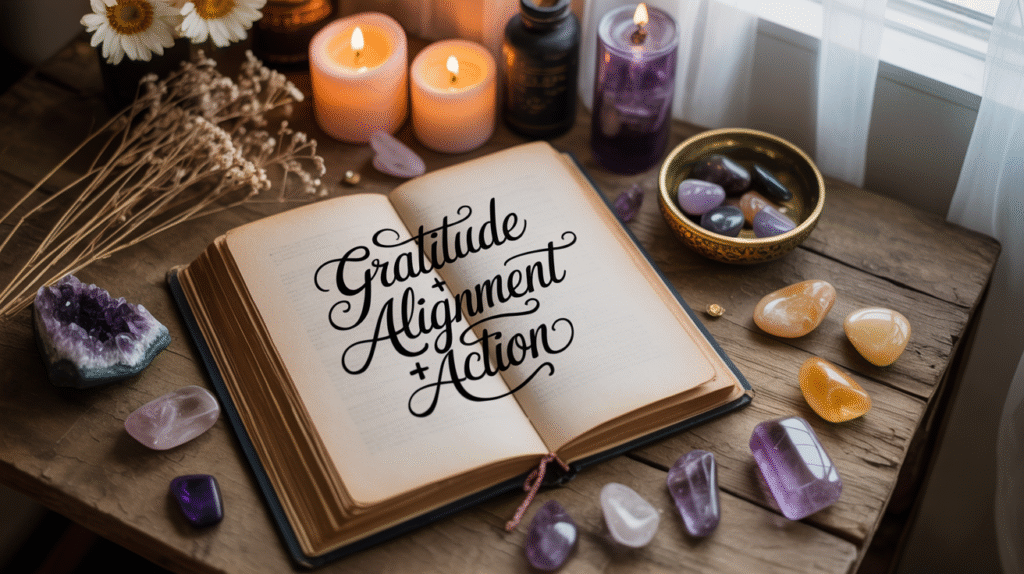 Full abundance ritual setup showing gratitude + alignment + action elements