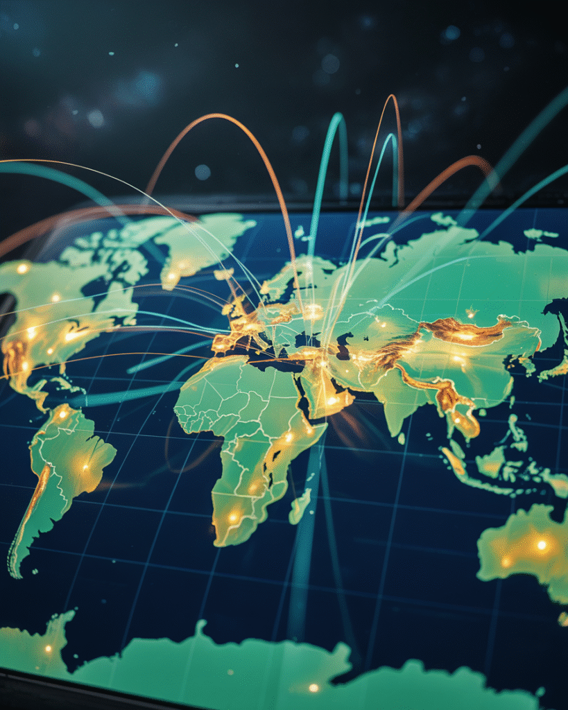 Mystical lines crossing over various global destinations