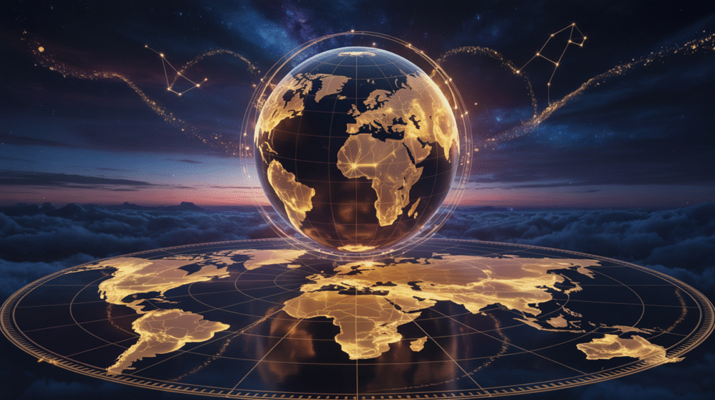 Mystical world map with golden energy lines crossing continents, stars scattered across, dreamy cosmic aesthetic