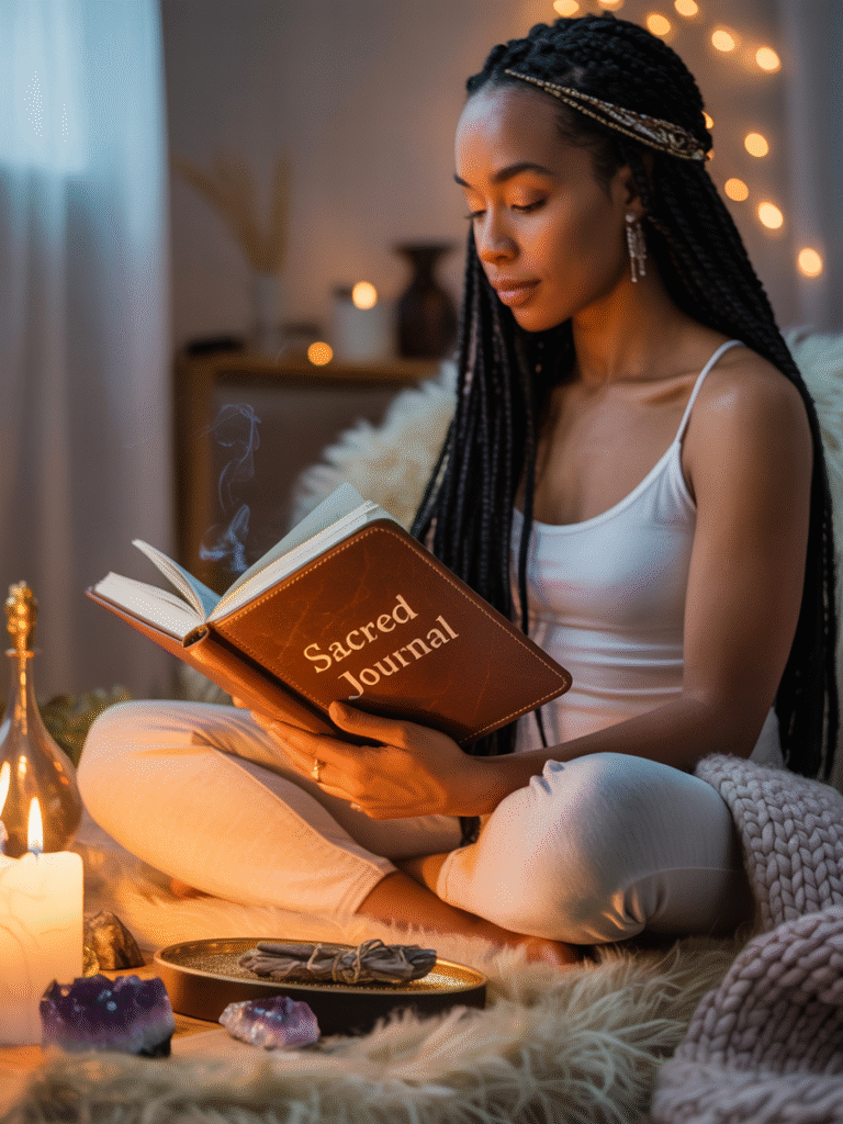 Person in sacred morning ritual - meditation pose with crystals, candles, and golden light surrounding them representing daily energy practices