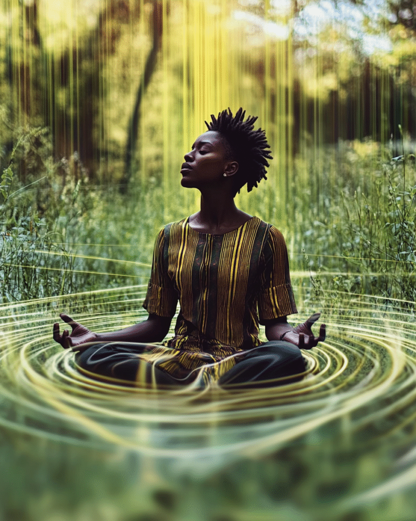 Person meditating with energy waves:aura visible, different colors showing rhythms