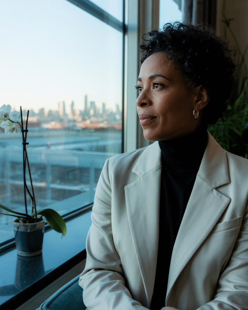 Person sitting by window looking out at cityscape with questioning expression