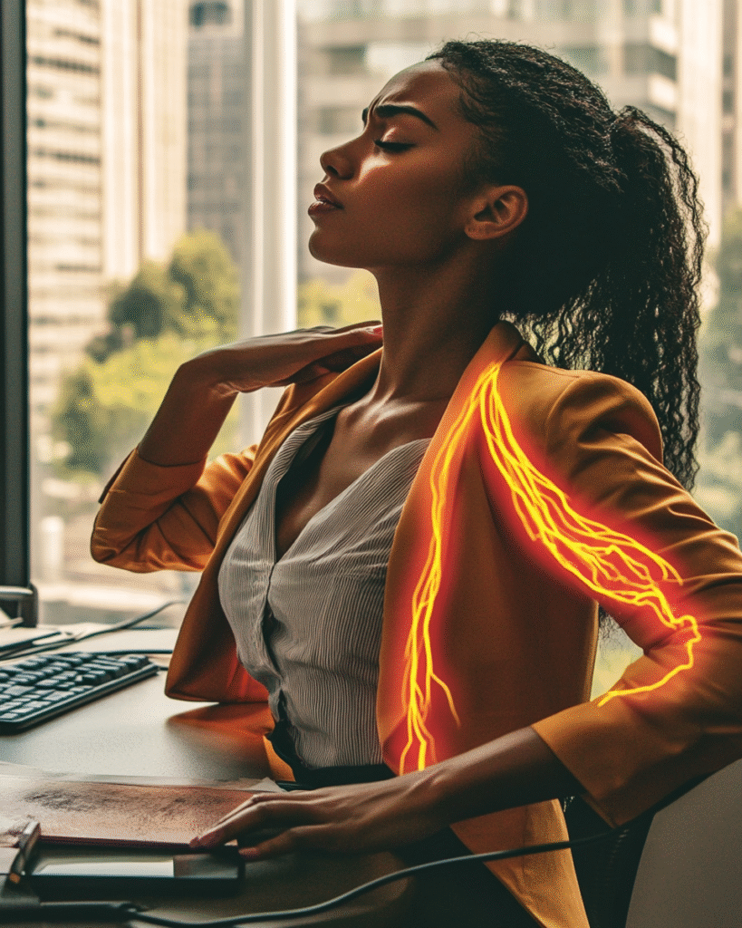 Person sitting frustrated at desk with energy blocks visualized around them