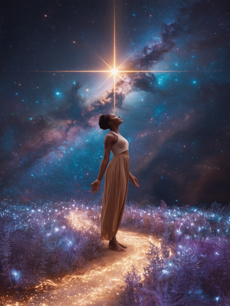 Person standing under starry sky with golden light beam connecting them to a bright North Star, cosmic and inspirational aesthetic