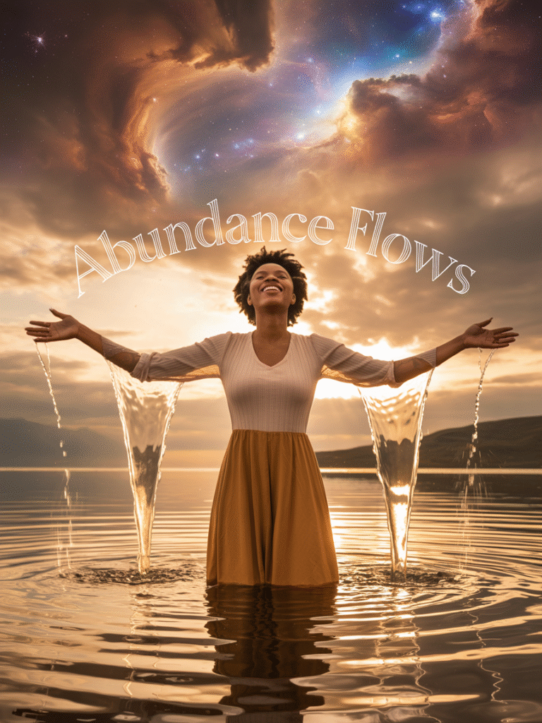 Person with arms open receiving golden light flowing like water, with abundance symbols