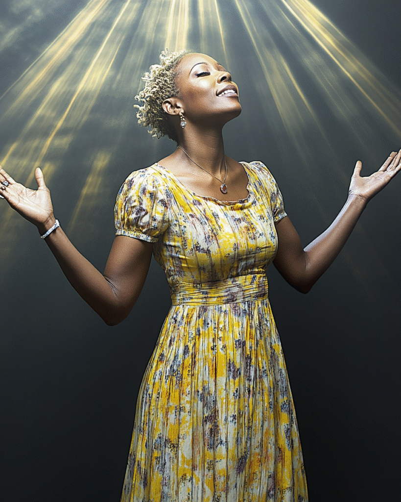 Person with arms open receiving golden light:abundance flowing down