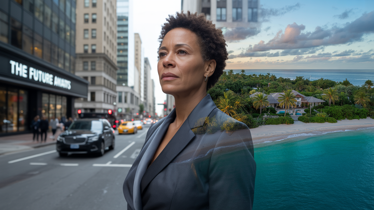 Split scene showing person looking contemplative at current city vs.
dreaming of new destination