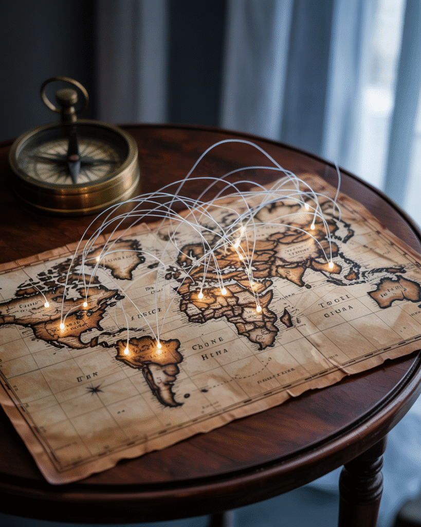 Stylized world map with energy lines and power spots marked