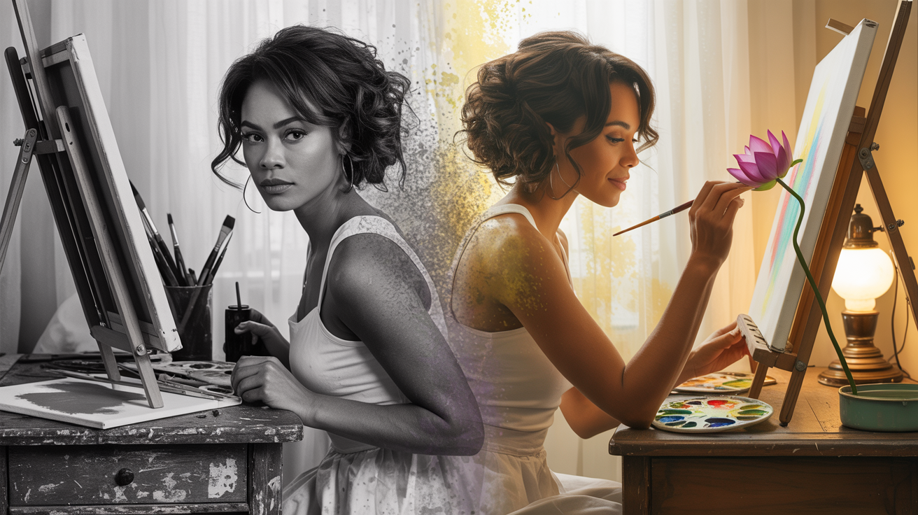 Split artistic image showing "before" (muted colors, scattered art supplies, stressed energy) transitioning to "after" (golden light, organized sacred space, peaceful creative energy)