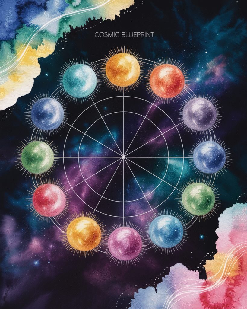 Beautiful birth chart with artistic elements woven through it-paintbrushes forming  planetary aspects, creative symbols integrated with astrological ones