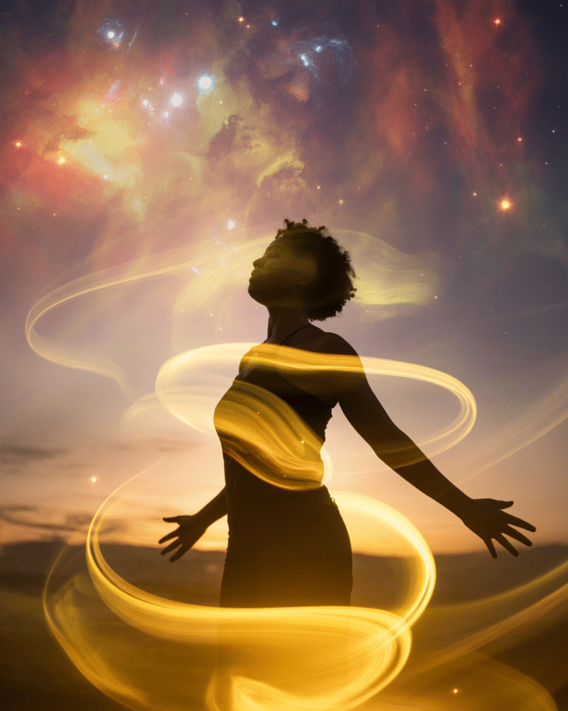 Dreamy, mystical visualization scene with swirling golden energy, cosmic elements, and a figure receiving light from above
