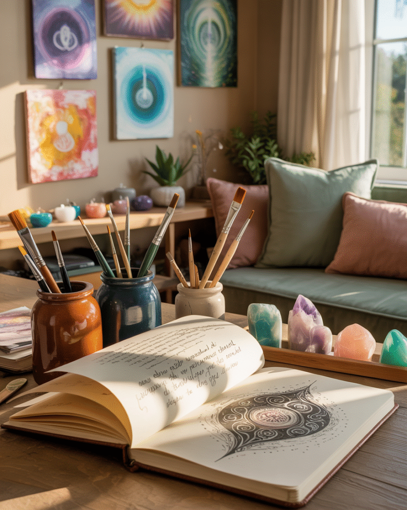 Sacred creative workspace with art supplies, crystals, astrology books, and finished spiritual artwork displaying harmony between creativity and cosmic wisdom