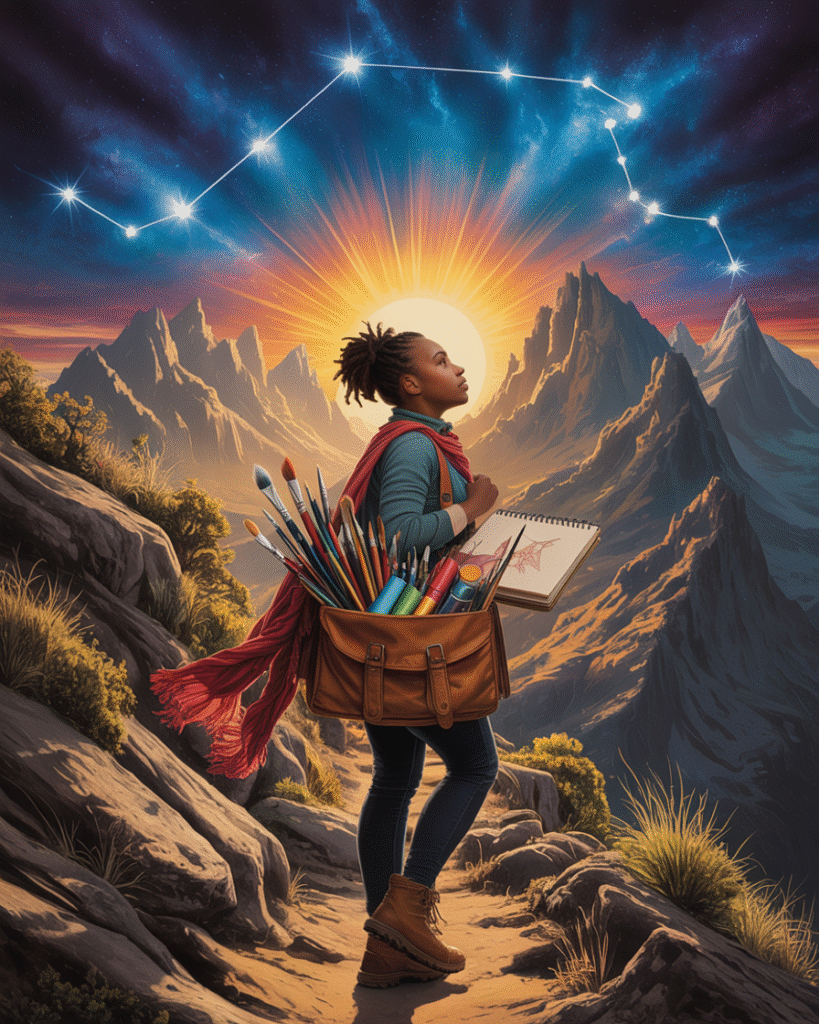 Person at crossroads between two paths - one showing traditional art career (galleries, competition) and other showing spiritual path (healing, teaching, cosmic elements)