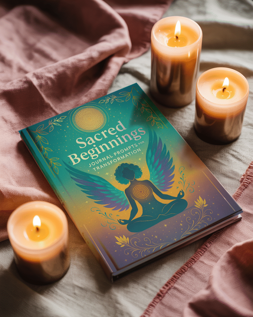 Beautiful morning scene with soft golden light, candles, crystals, and journal - mystical/serene aesthetic matching your brand