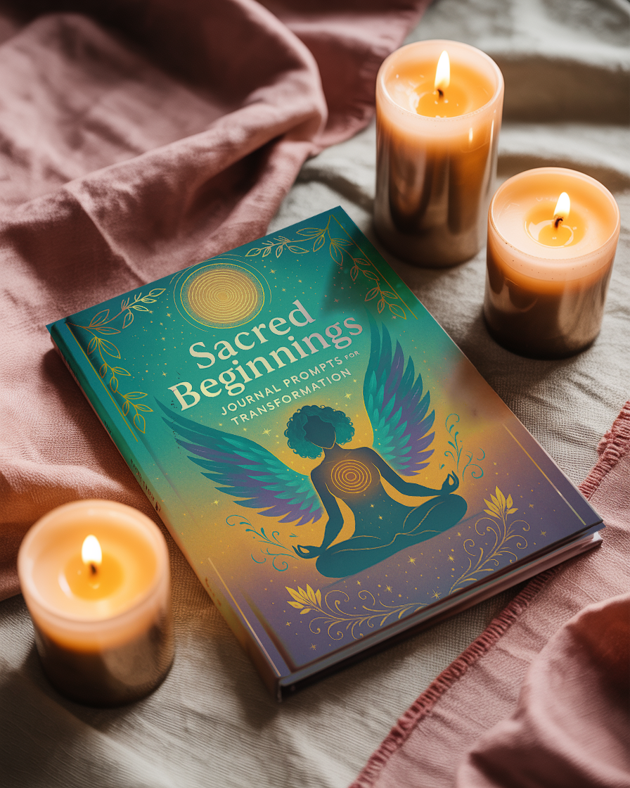 Beautiful morning scene with soft golden light, candles, crystals, and journal - mystical/serene aesthetic matching your brand