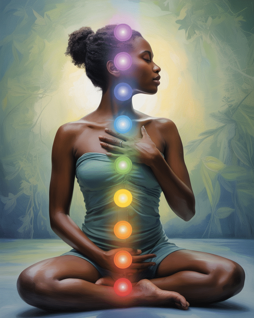 Silhouette of person with hands on different parts of body, with soft glowing energy centers/chakras visible