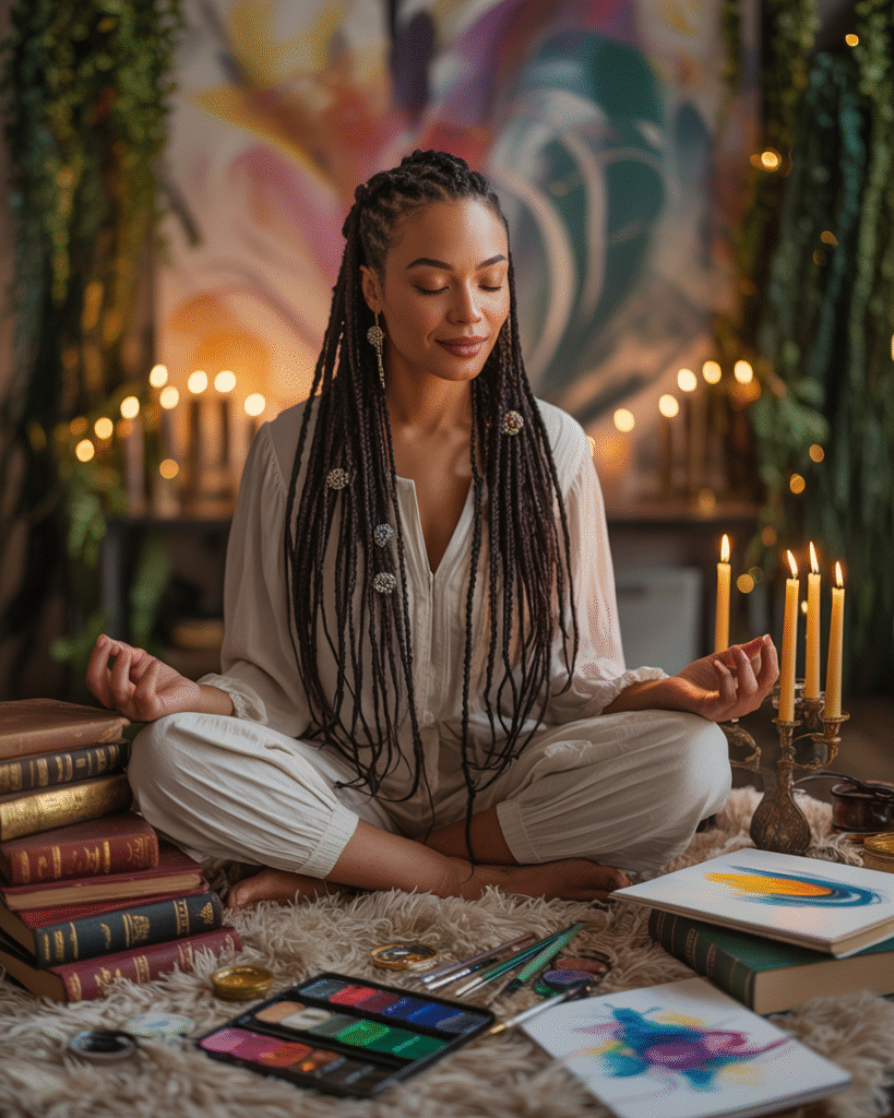 Person meditating in soft golden light with spiritual books, crystals, and art supplies around them, representing the integration of creativity and spirituality