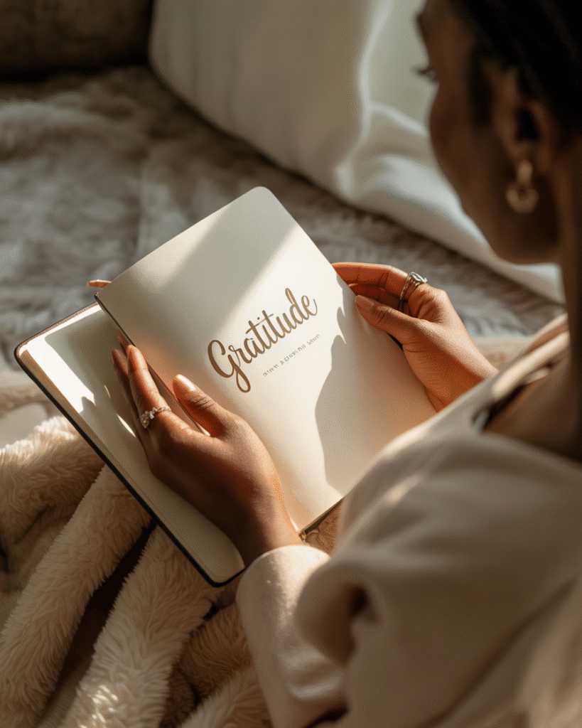 Hands holding a beautiful journal with "gratitude" written in elegant script, 
surrounded by soft morning light