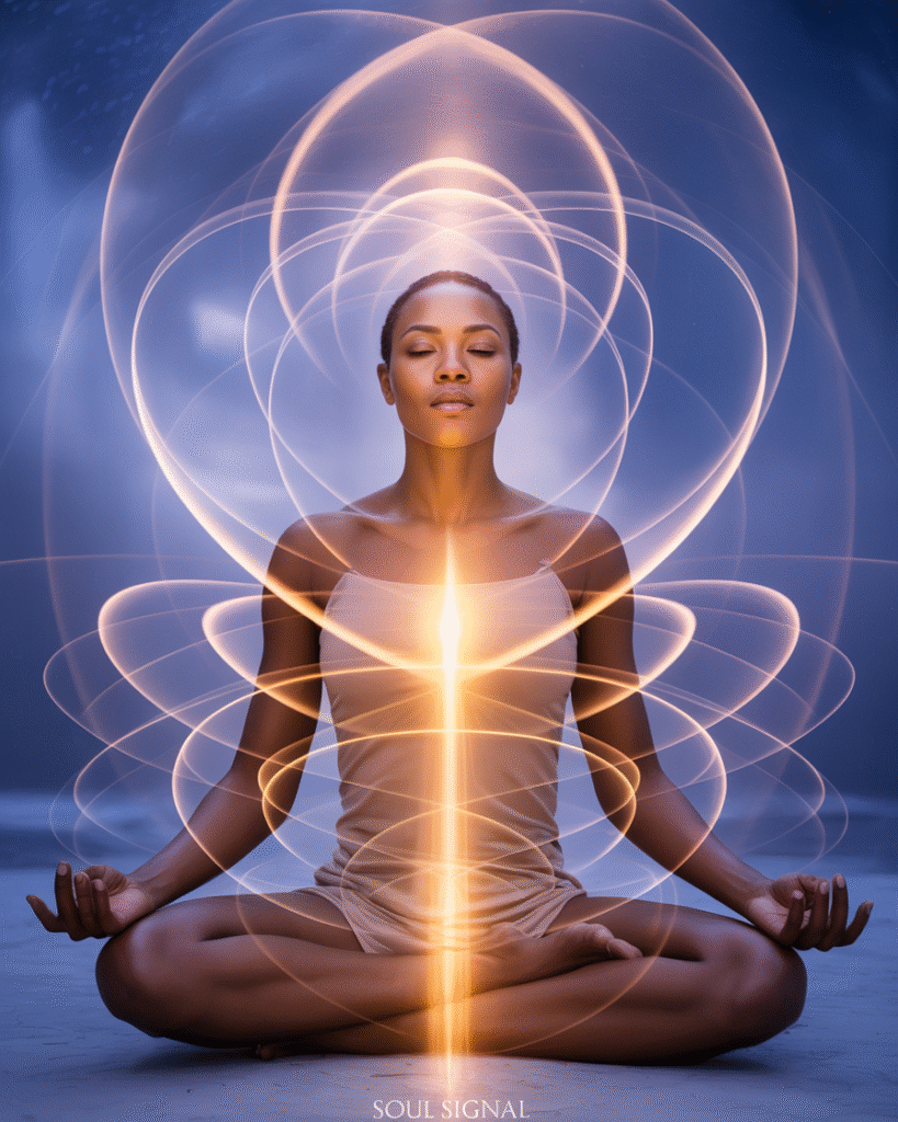 Ethereal graphic showing energy flowing through a person in meditation pose with golden light radiating outward