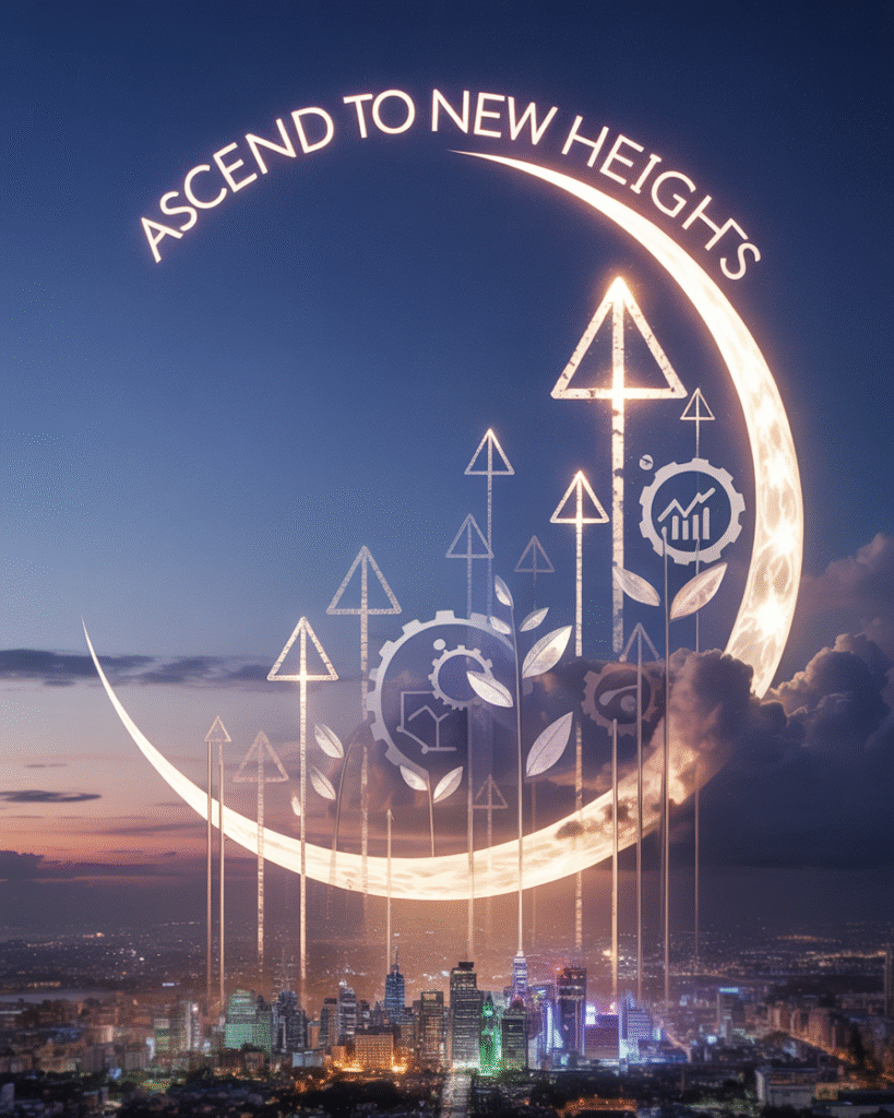 Growing moon with upward arrows, productivity symbols, building
energy