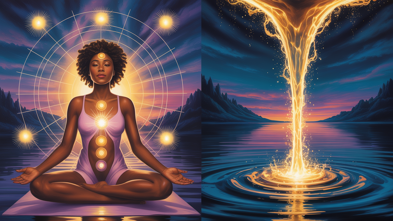 golden light, person in meditation, cosmic symbols, abundance flowing like water