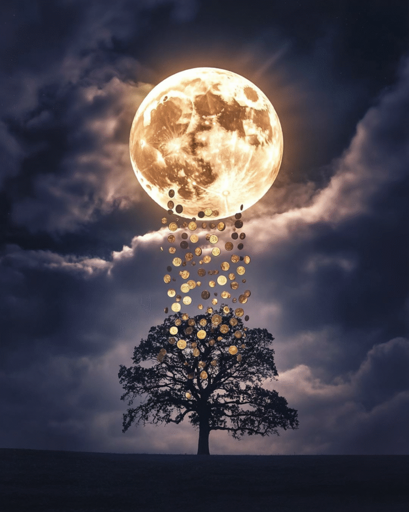 Bright full moon with abundance flowing down (golden light,
coins, opportunities)
