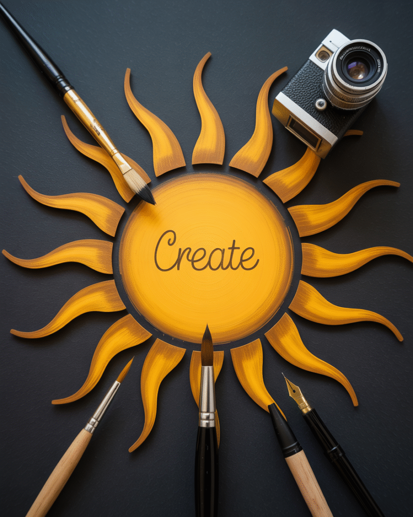 Artistic representation of sun symbol with creative tools (brush, pen, camera)