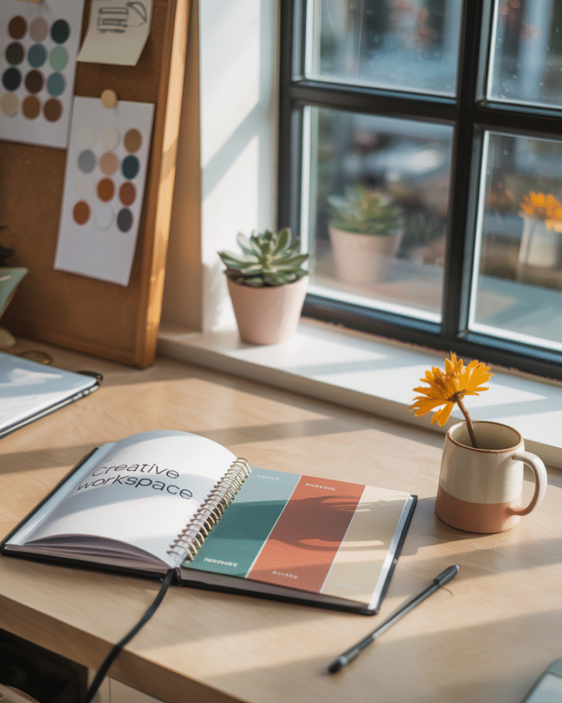 Creative workspace:brand materials showing intentional color choices aligned with soul purpose