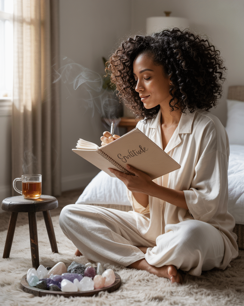 Dreamy morning ritual scene with journal and crystals