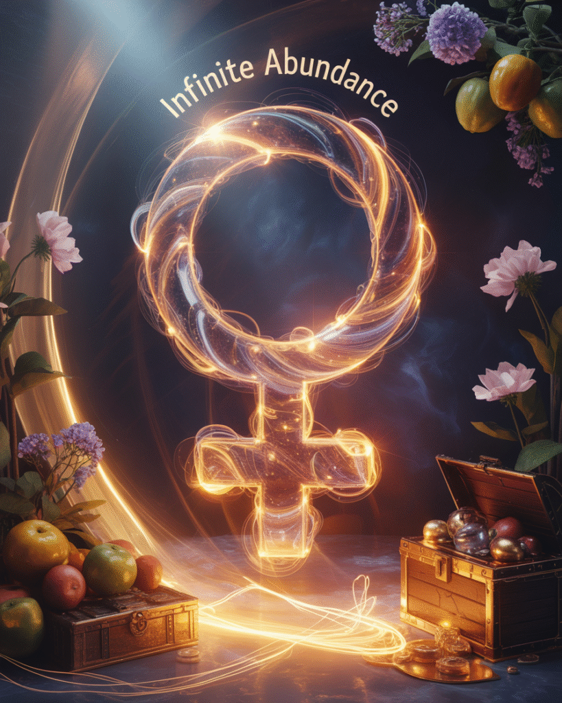 Flowing golden energy around Venus symbol with abundance imagery