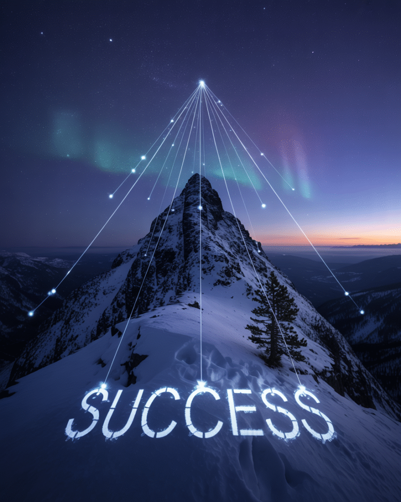 Mountain peak with constellation lines pointing to success symbols