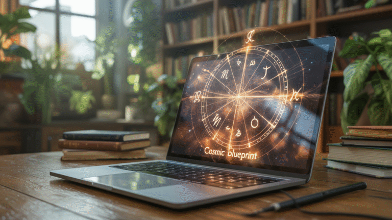 Mystical birth chart overlay on laptop screen with golden cosmic elements