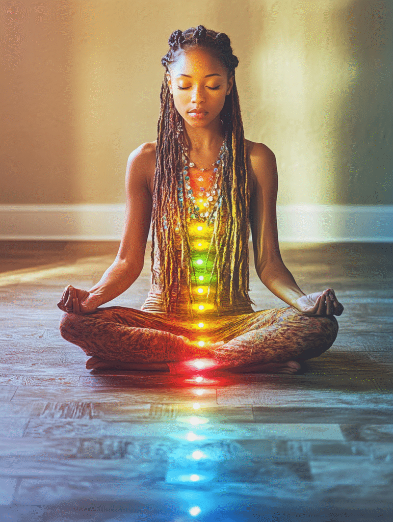 Person in meditation with all chakras glowing in their respective colors