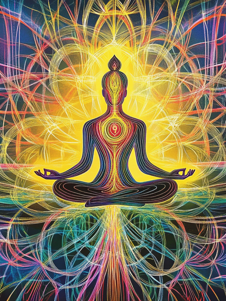 Person surrounded by flowing colors:auras with cosmic elements, each color representing different soul qualities