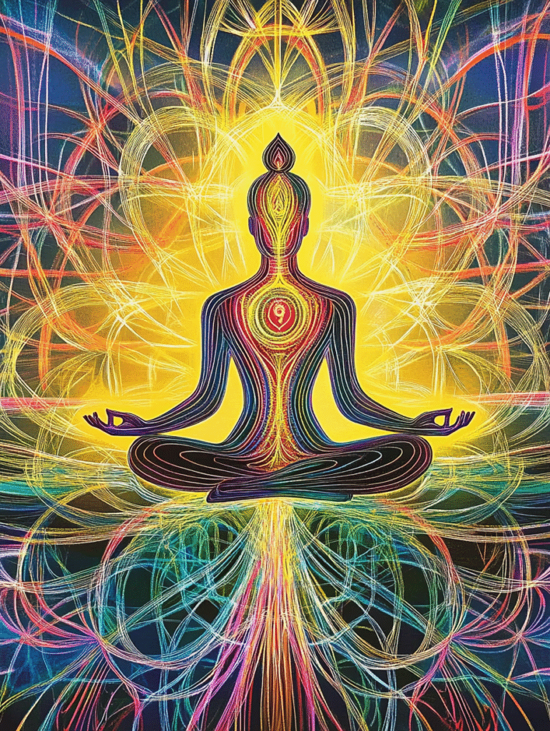 Person surrounded by flowing colors:auras with cosmic elements, each color representing different soul qualities